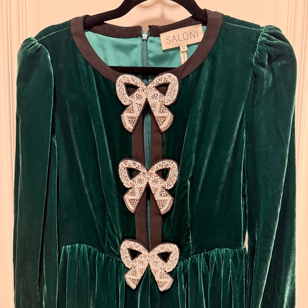 Saloni Camille Racing Green Velvet Dress 4 Jeweled Bows Midi Feminine Holiday - Picture 6 of 8